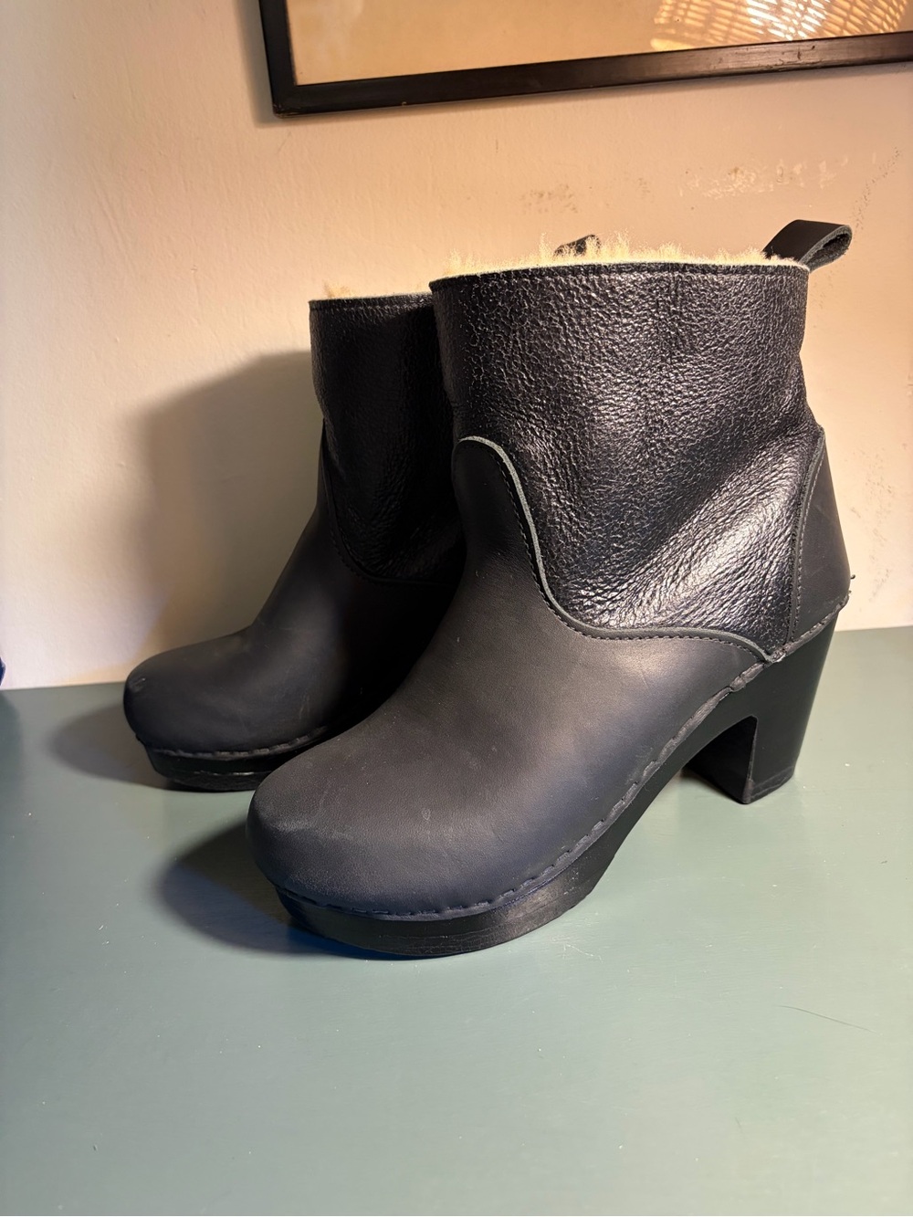 No. 6 Black Shearling Leather Ankle Boots ink aviator 39 7.5 high heel clog wood